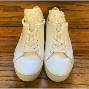 Women's Michael Kors Mindy Lace-Up Leather Sneakers White w/Floral Studs Sz 7M